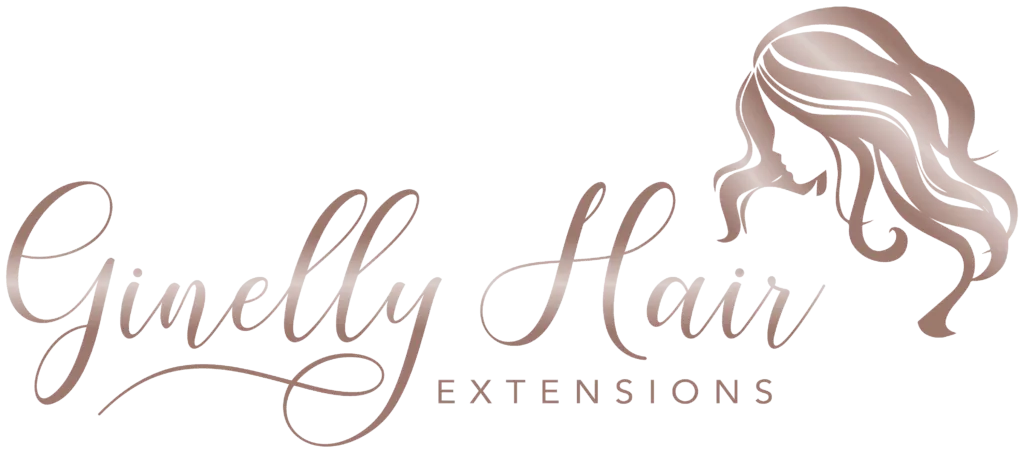 Das Logo für Ginelly Hair Extensions zeigt einen stilisierten Frauenkopf und wallendes Haar neben elegantem Schreibschrifttext und fängt die Essenz der Schönheit von Ginelly-Haar ein.