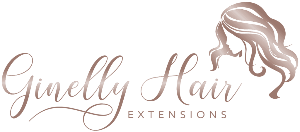 Das Logo für Ginelly Hair Extensions zeigt einen stilisierten Frauenkopf und wallendes Haar neben elegantem Schreibschrifttext und fängt die Essenz der Schönheit von Ginelly-Haar ein.